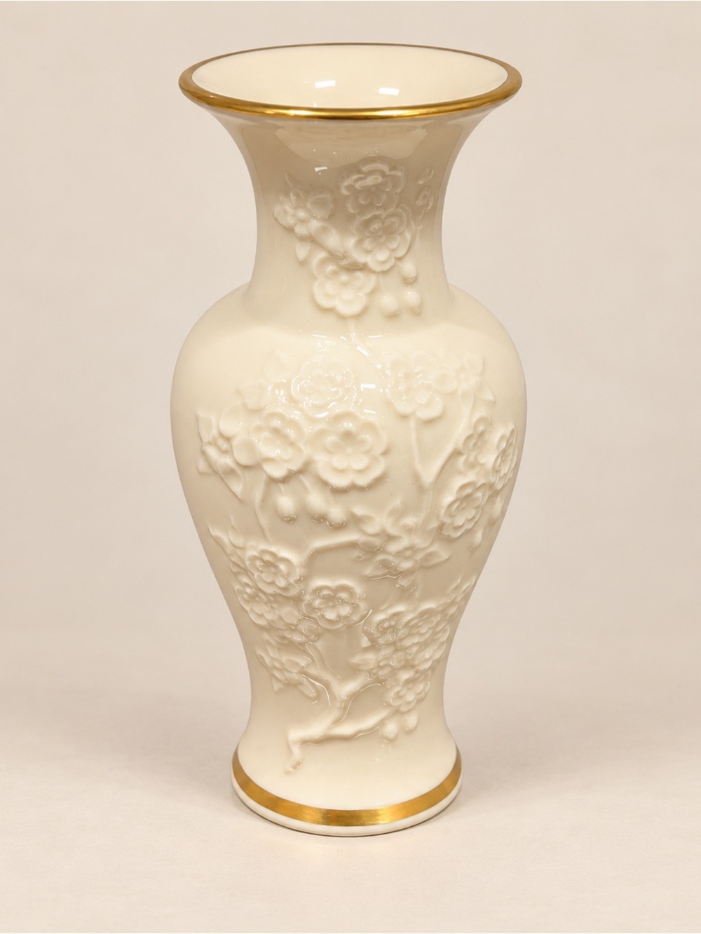 Elegant Cream Ceramic Floral Relief Vase with Gold Trim